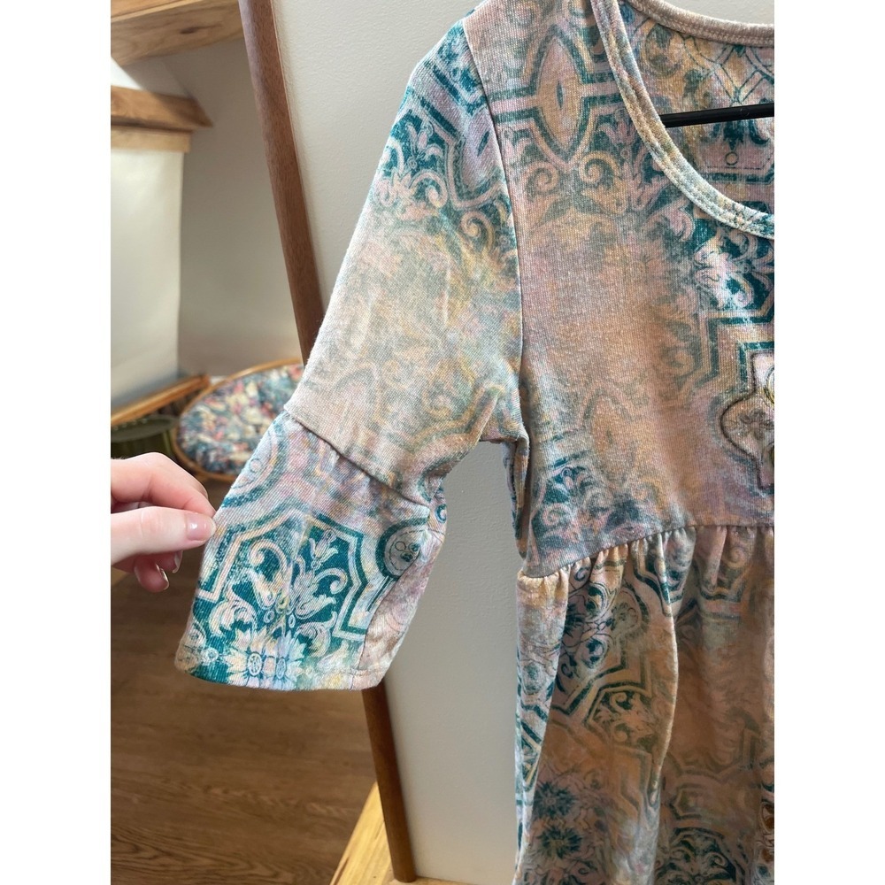 One World Tunic Top Women's Medium Multicolor Boho Empire Waist Bell Sleeve - Picture 3 of 5